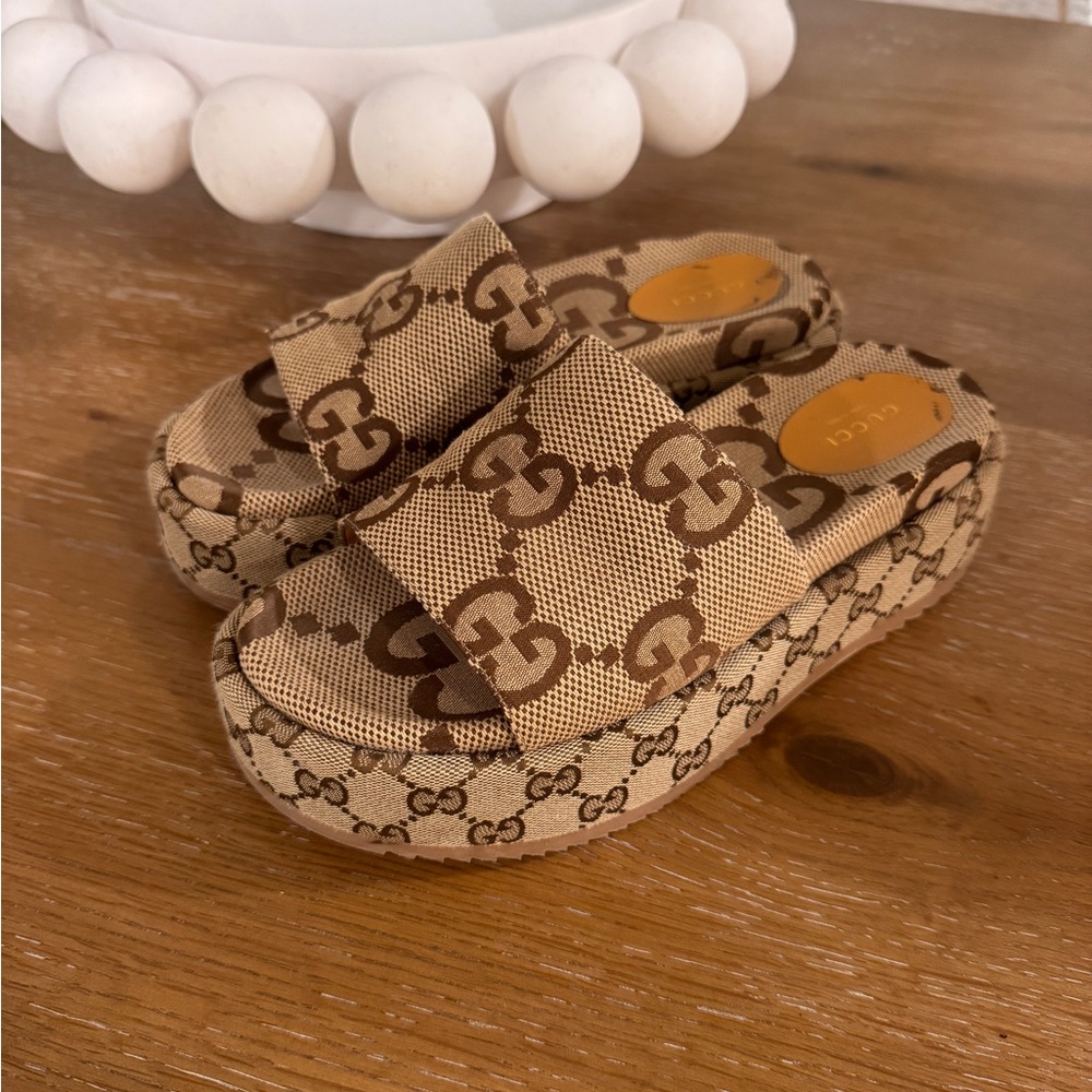 Gucci Beige and Brown Monogram Slides